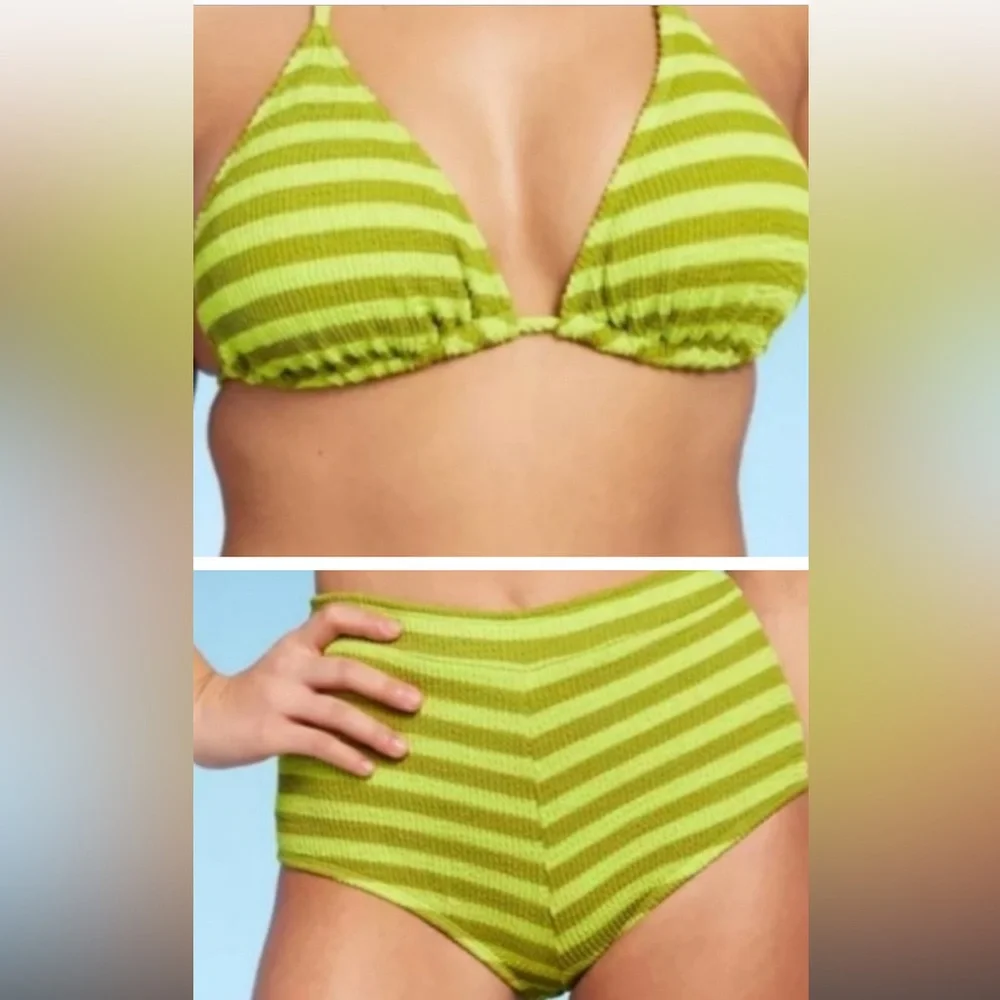 Bikini Set- LimeStriped Ribbed Green Triangle Bikini Top=S. +Boy Short Bottom=XS